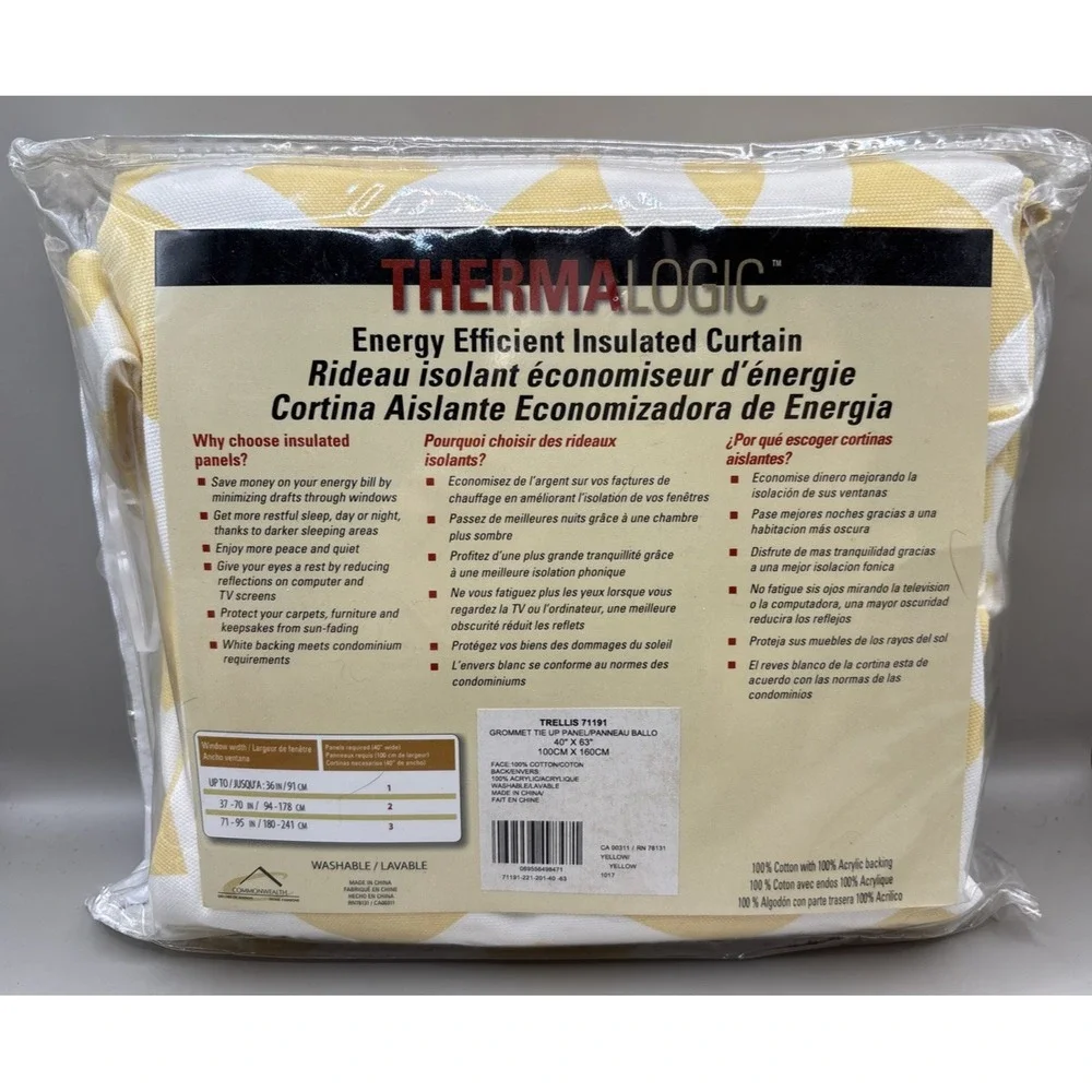 One ThermaLogic Weathermate Insulated Tie Up Curtain Panels 40 x 63 Yellow White